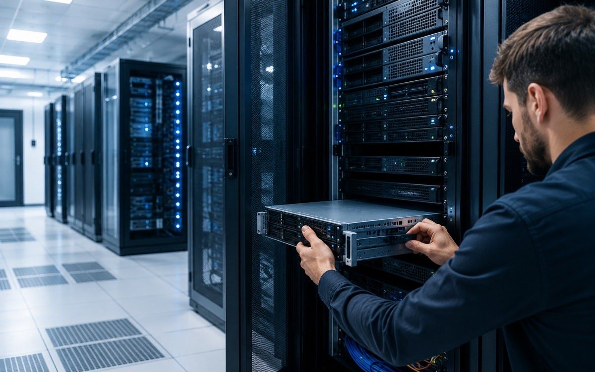 Techniker der CTV GmbH Zwickau bei der Arbeit am Serverschrank